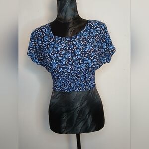 Love Tree Blue and Black Smocked Fitted Blouse